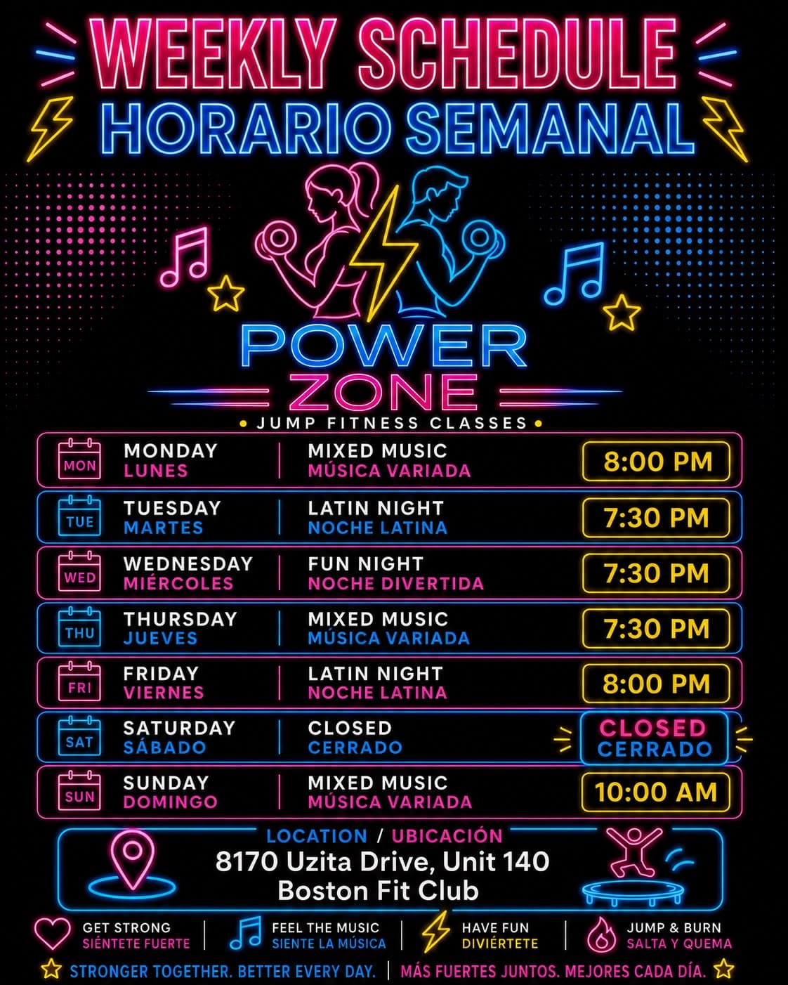 Power Zone weekly Jump Fitness schedule at the Sarasota studio.